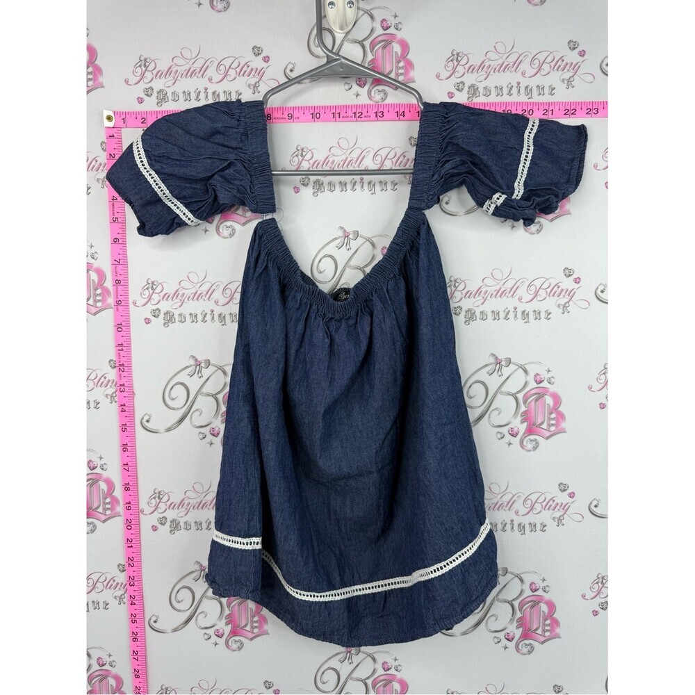 Sexy shirt off shoulder stretchy Denim Blue Peasant Top with Lace Trim